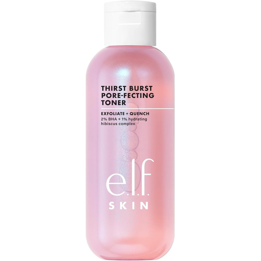 E.l.f. SKIN Thirst Burst Pore-fecting Toner front view of pink translucent bottle for hydrating and exfoliating face care