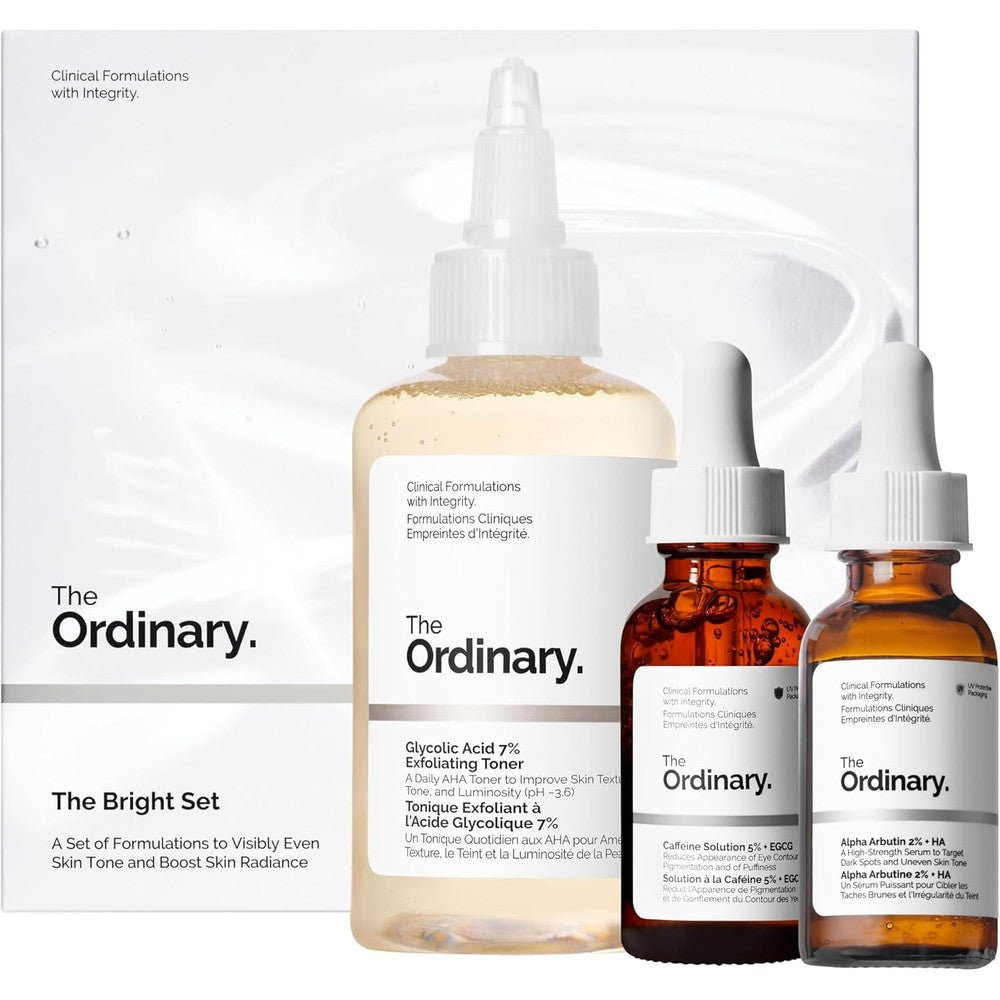 The Ordinary The Bright Set front view showing the complete skincare kit packaging