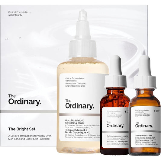The Ordinary The Bright Set front view showing the complete skincare kit packaging