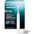 Philips Sonicare 2100 Series electric toothbrush front view showing the sleek white handle and brush head.
