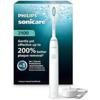 Philips Sonicare 2100 Series electric toothbrush front view showing the sleek white handle and brush head.