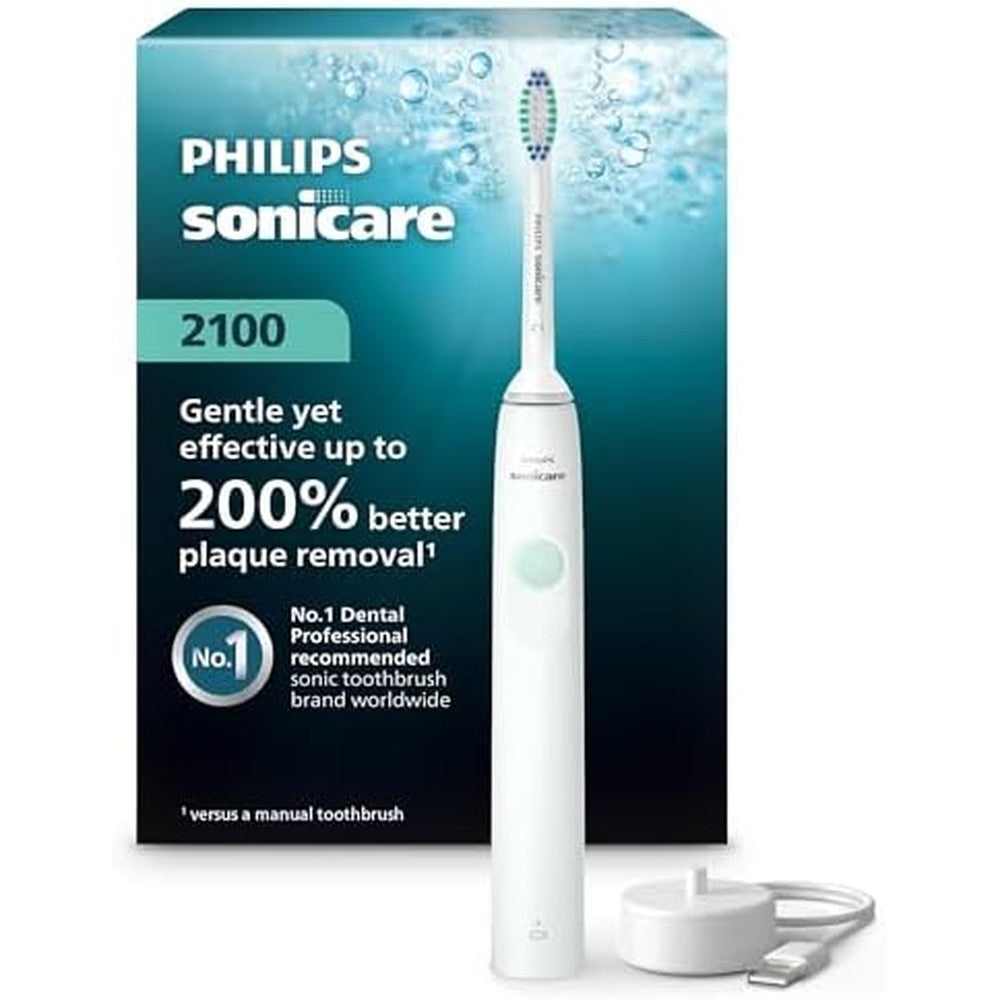 Philips Sonicare 2100 Series electric toothbrush front view showing the sleek white handle and brush head.