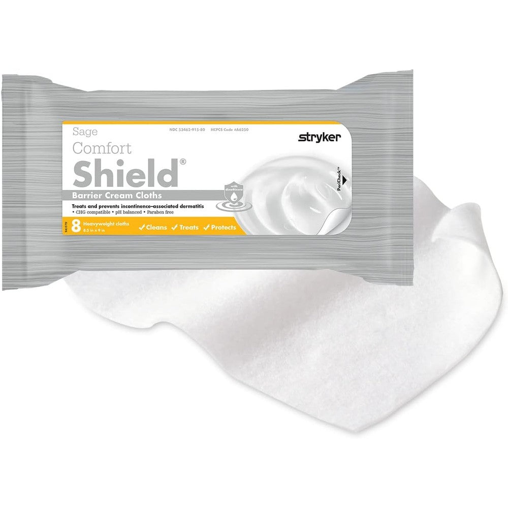 Stryker Sage Comfort Shield Barrier Cream Cloths front package view for premium incontinence skin care