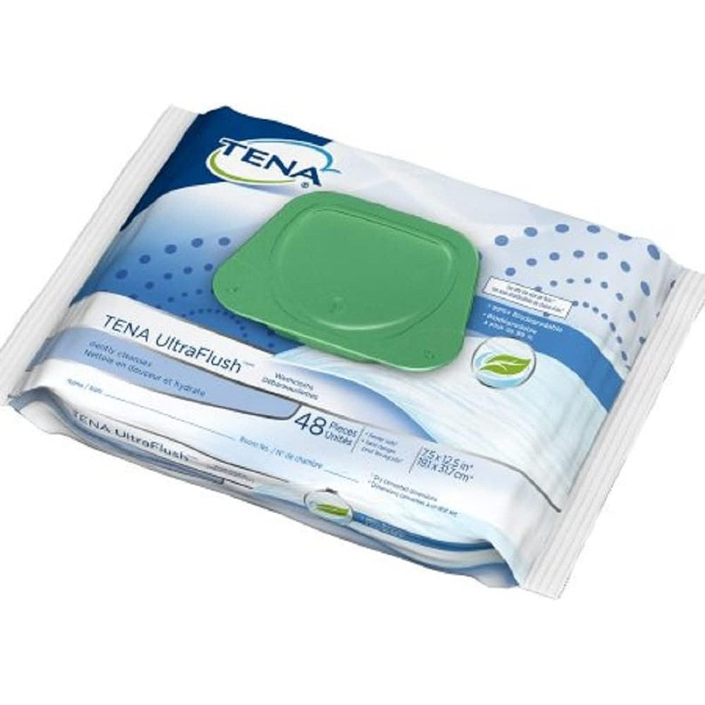 TENA UltraFlush Personal Wipe soft pack front view showing the green plastic lid and product details for imported adult flushable washcloths.