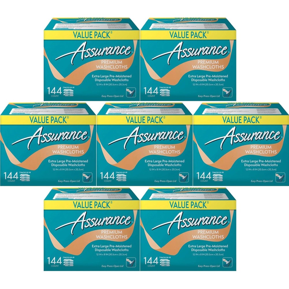 Assurance Premium Washcloths Value Pack 144 Count front view of disposable wipes
