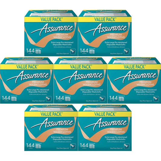 Assurance Premium Washcloths Value Pack 144 Count front view of disposable wipes
