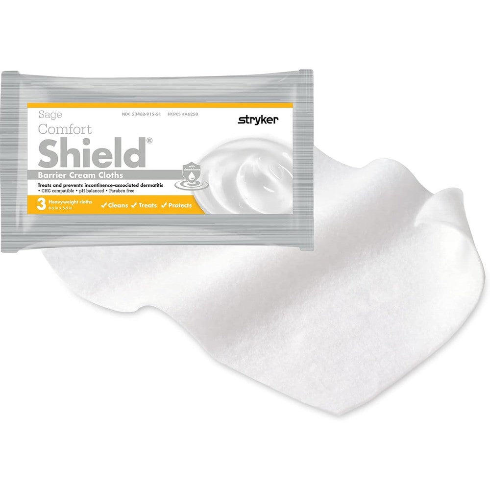 Sage Comfort Shield Barrier Cream Cloths package front view showing authentic medical packaging.