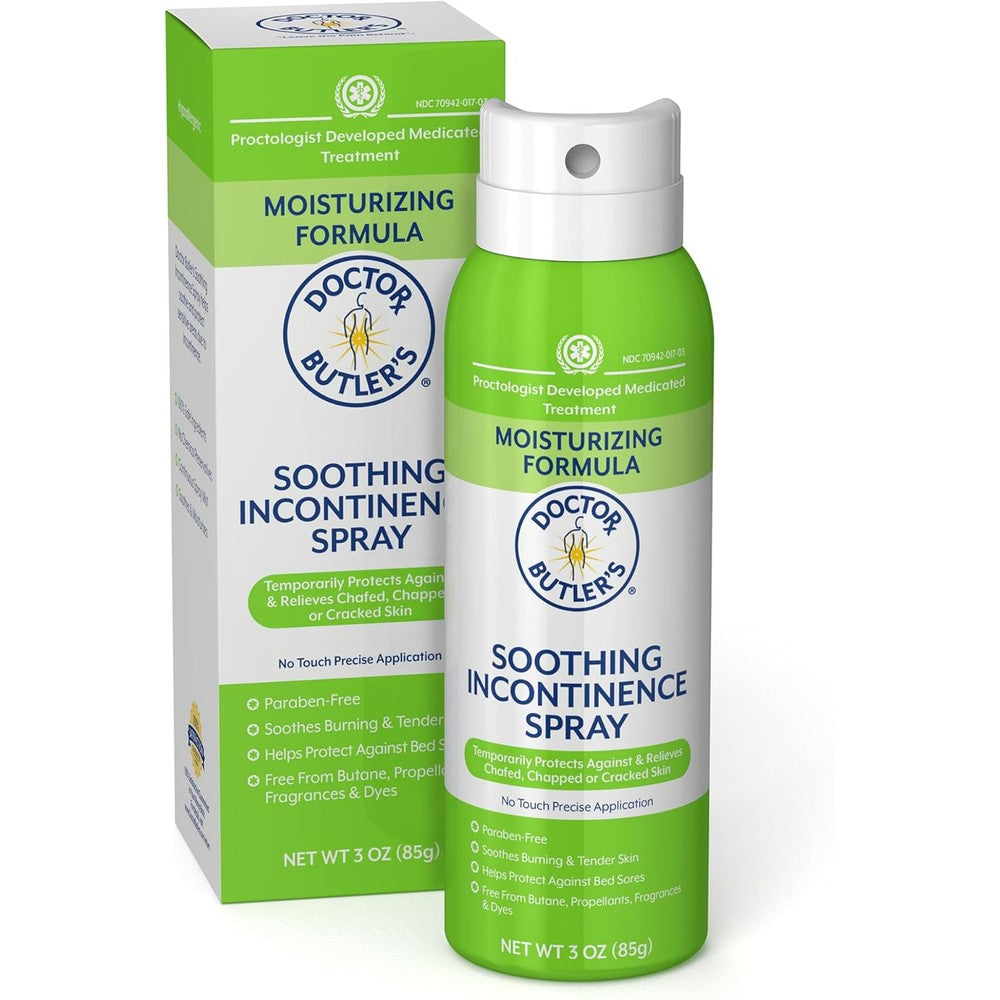Doctor Butler's Soothing Incontinence Spray front view bottle for adult diaper rash protection.