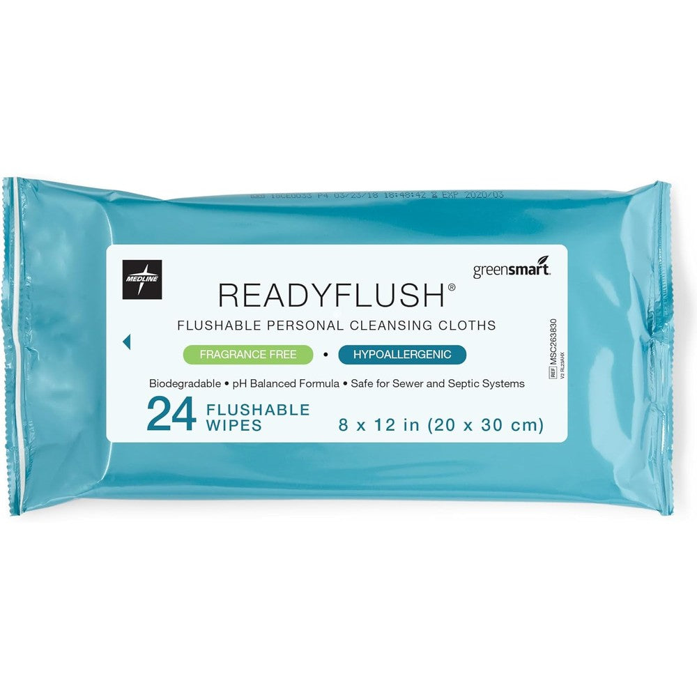 Medline ReadyFlush Flushable Wipes 24 count front view packaging