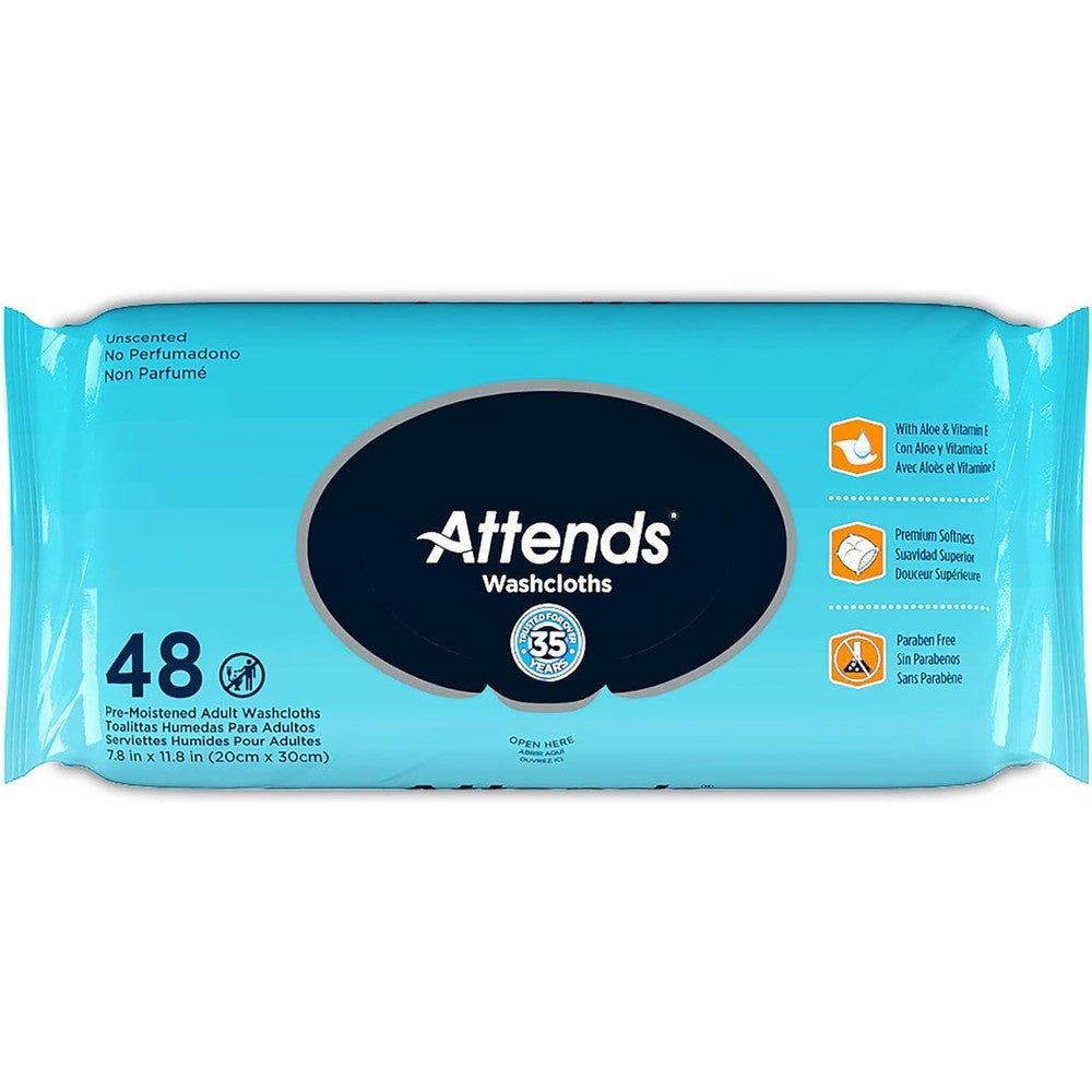 Attends washcloths no-rinse disposable cleansing wipes front packaging view