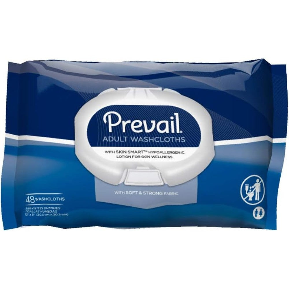 Prevail disposable washcloths soft pack front view showing press open lid