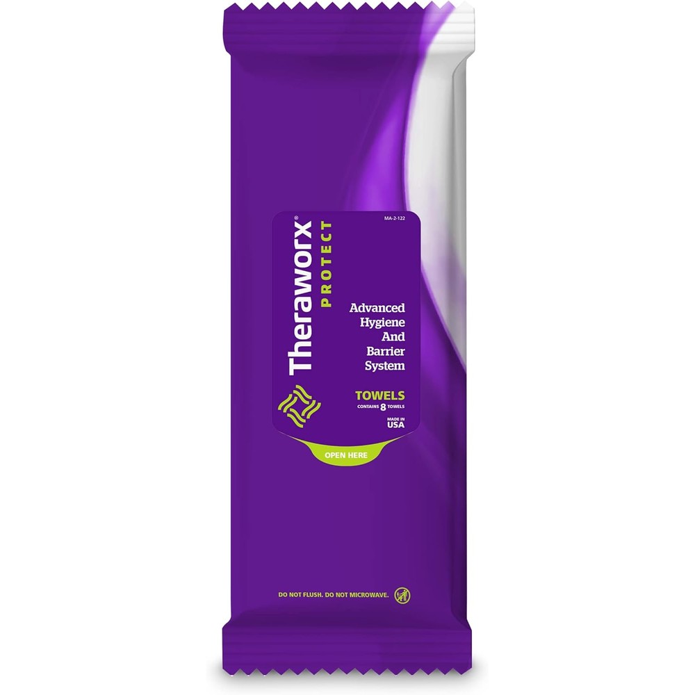 Theraworx Protect Advanced Hygiene and Barrier System Towels 8 pack front view for premium skin cleansing