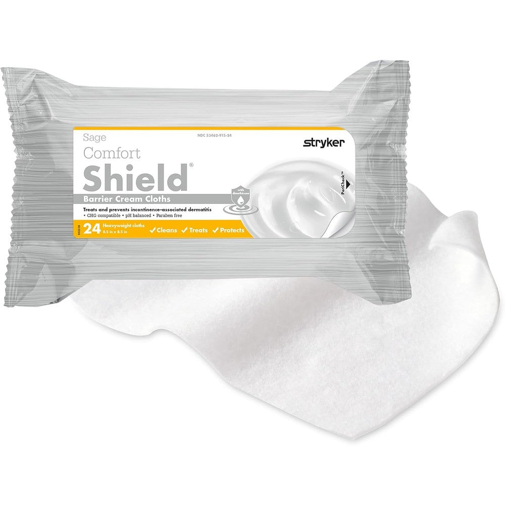 Stryker Sage Comfort Shield Barrier Cream Cloths package front view showing twenty four count