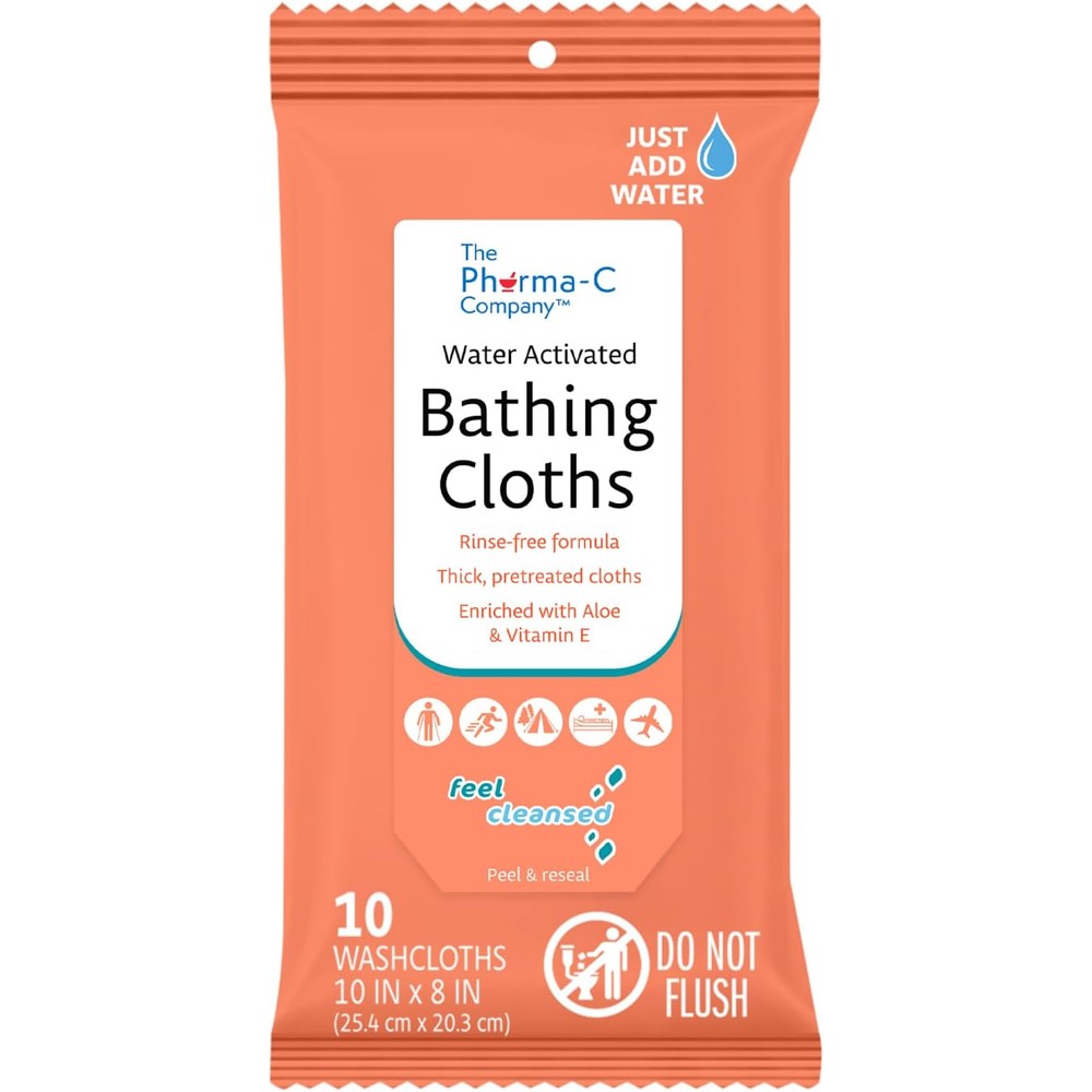The Pharma-C Company Water-Activated Bathing Cloths front packaging showing ten count rinse free body wipes for adults.