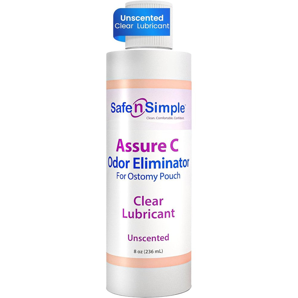 Safe N' Simple Assure C clear lubricating ostomy pouch deodorant bottle front view