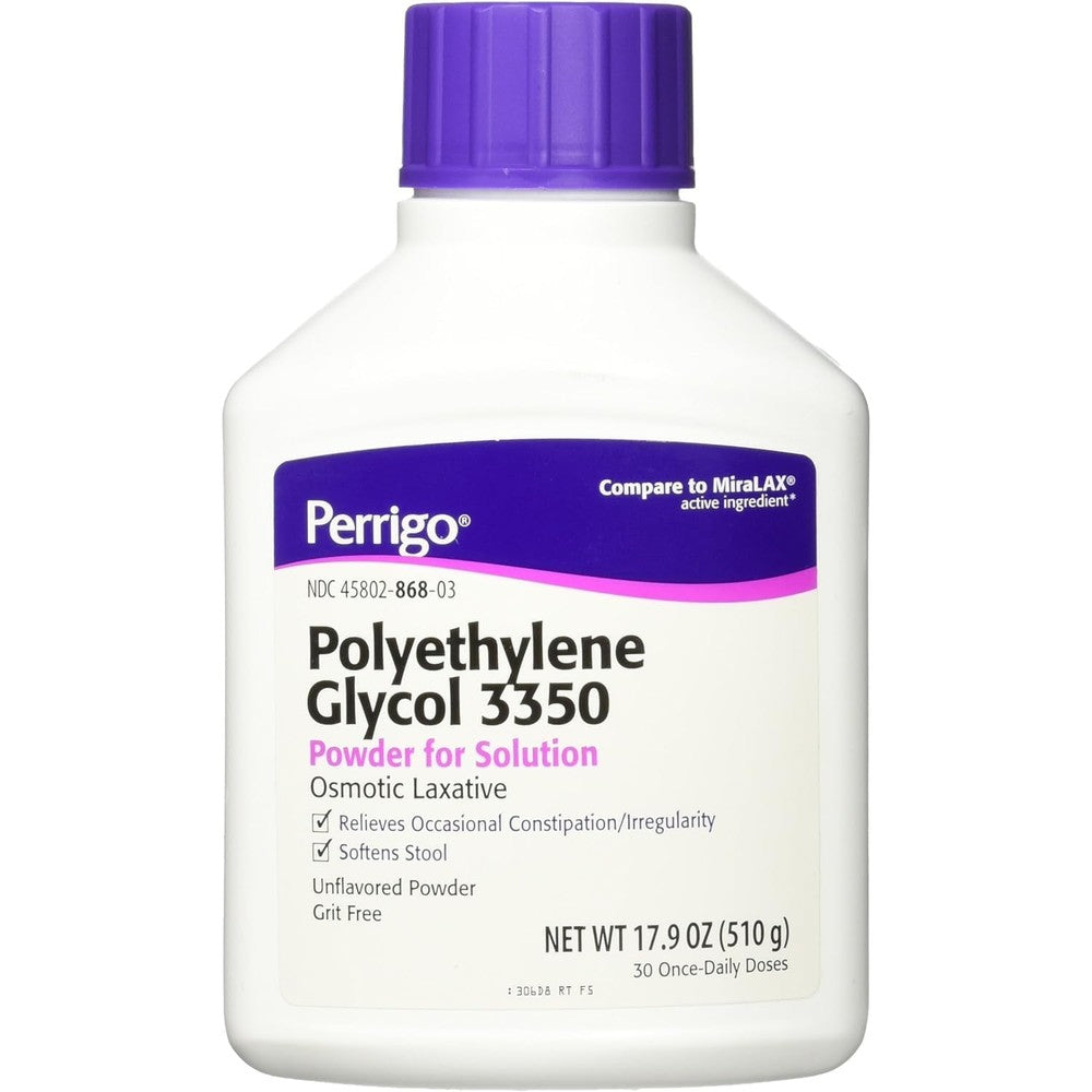 Perrigo Polyethylene Glycol 3350 osmotic laxative powder bottle front view