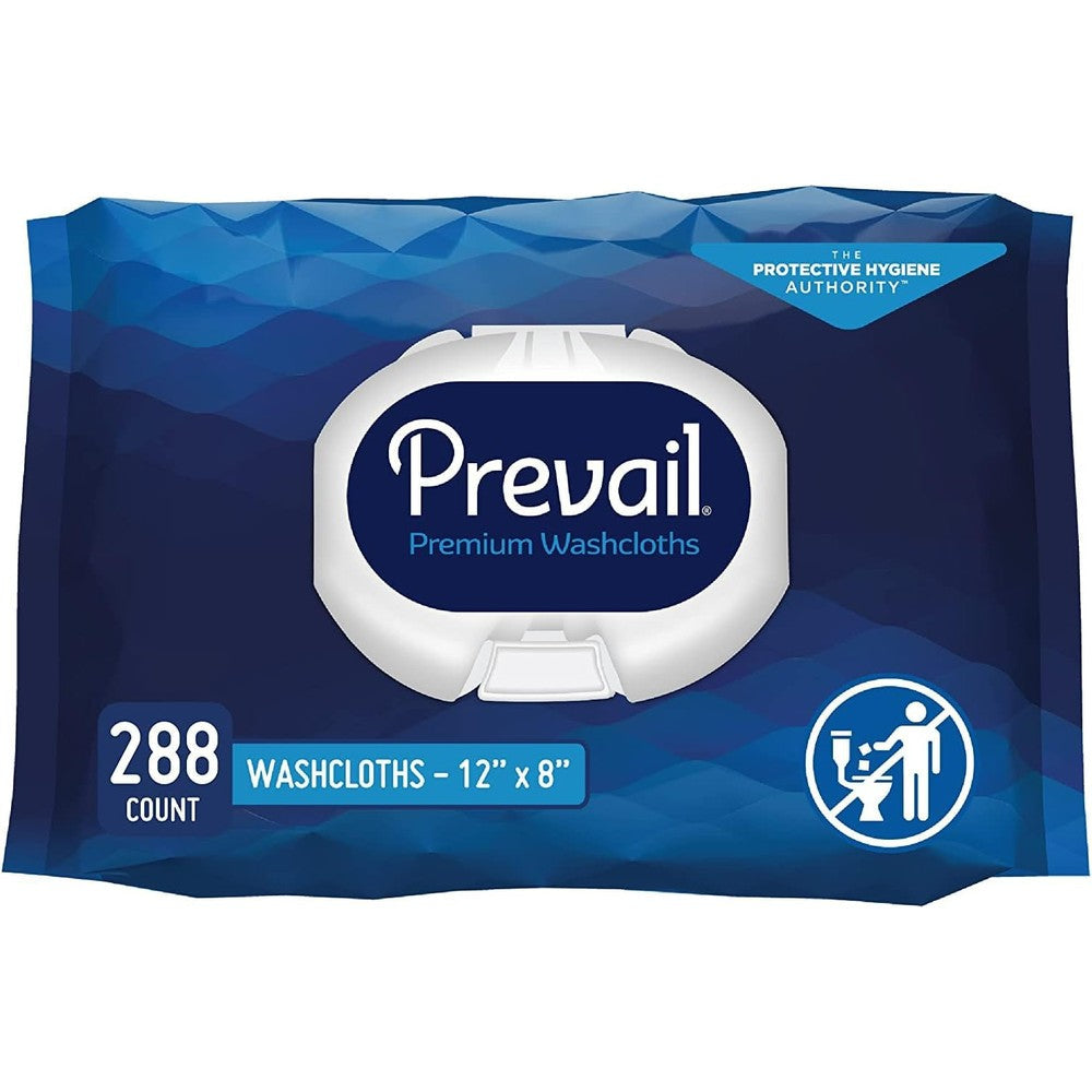 Prevail Premium Adult Wipes front view showing press open lid packaging