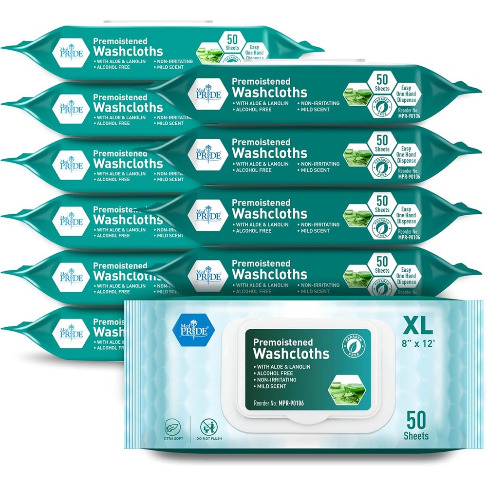 Med Pride premoistened disposable washcloths front view packaging