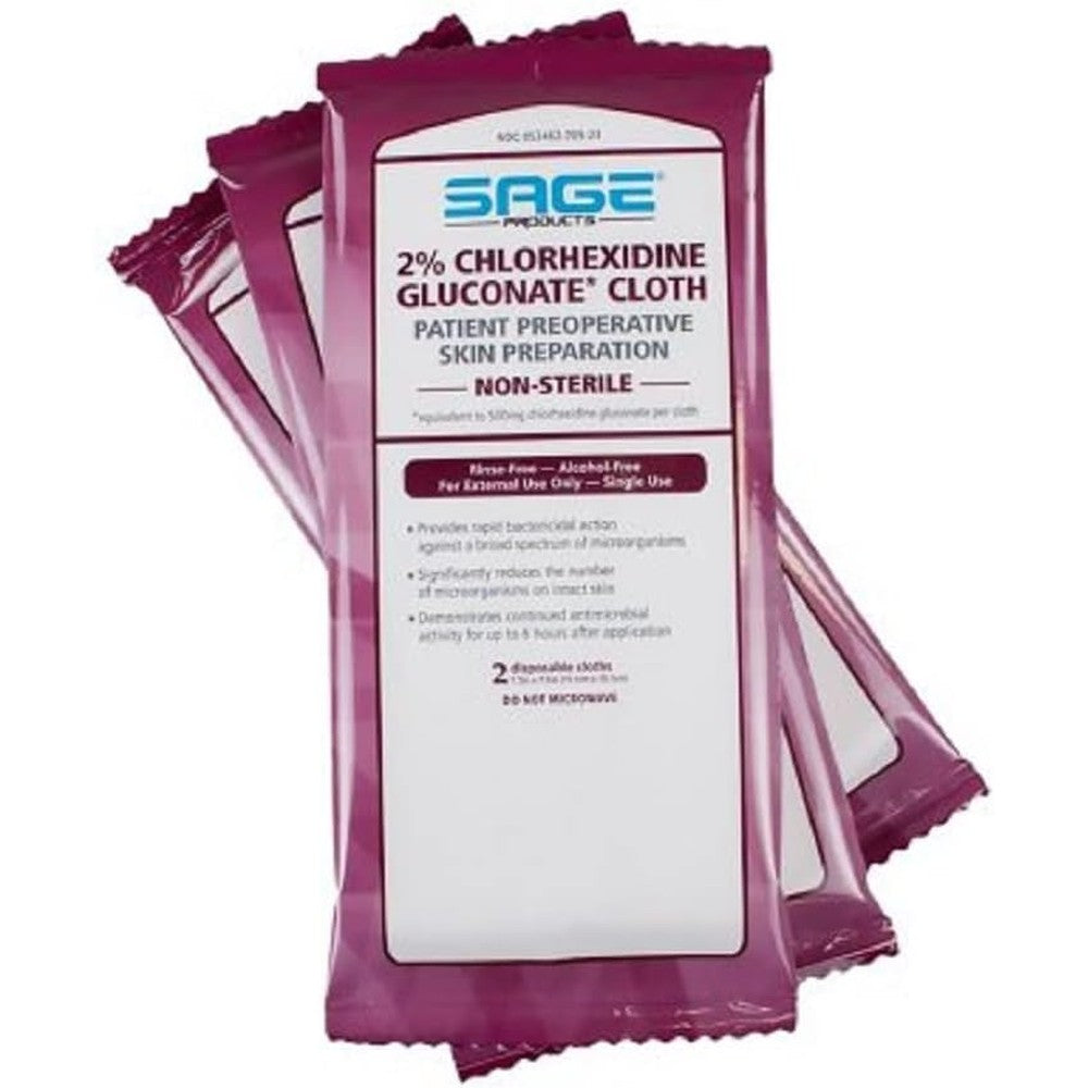Sage 2 Percent Chlorhexidine Gluconate CHG Cloths packaging front view