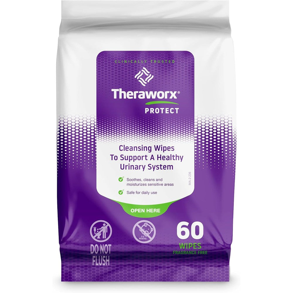 Theraworx Protect Urinary Health Wipes 60 Count pack front view for daily perineal hygiene.