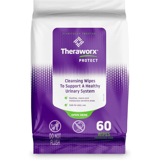 Theraworx Protect Urinary Health Wipes 60 Count pack front view for daily perineal hygiene.