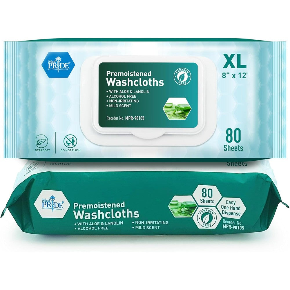 Med Pride Disposable XL Premoistened Washcloths front packaging view for adult personal care.