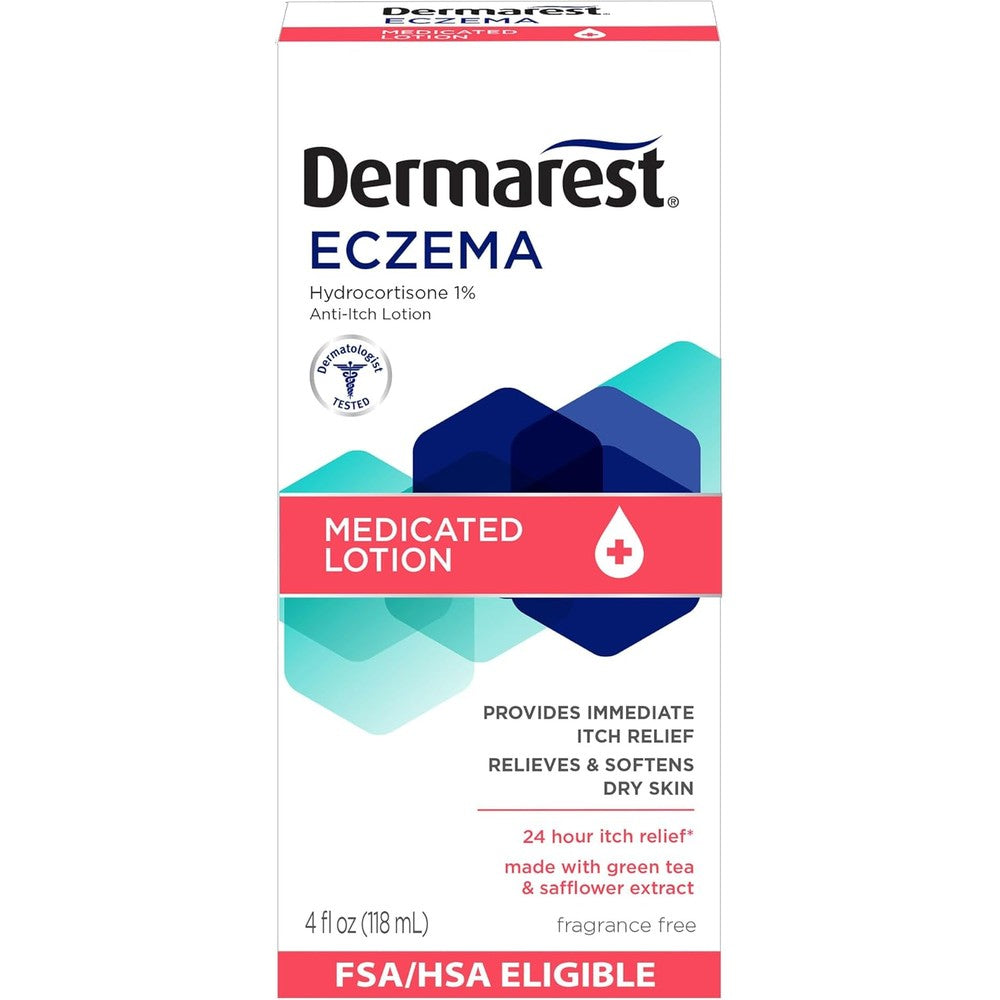 Dermarest Eczema Medicated Lotion 4 Fluid Ounce bottle front view for eczema relief.