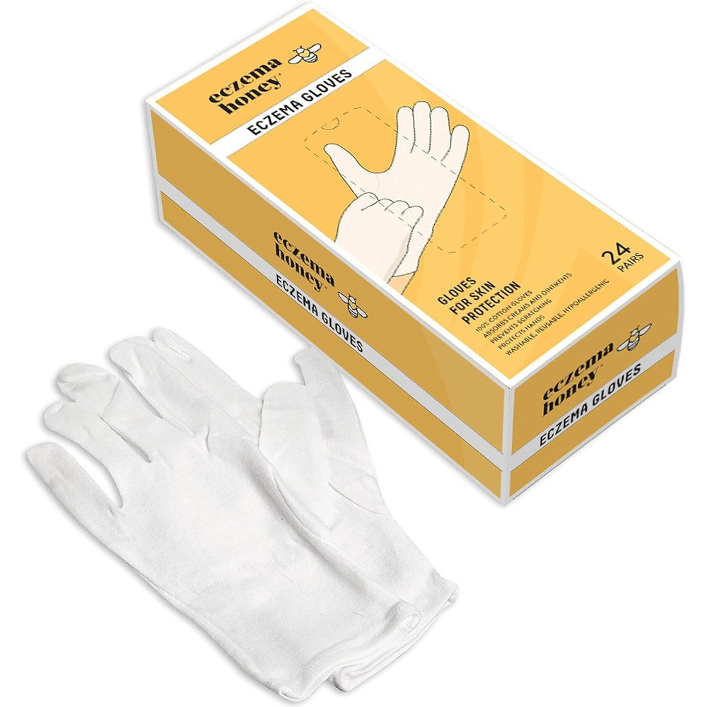 Eczema Honey Premium 100 Percent Cotton Gloves package front view displaying 24 pairs for dry hands treatment.