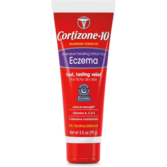Cortizone 10 Maximum Strength Intensive Healing Eczema Lotion front packaging view for anti itch relief
