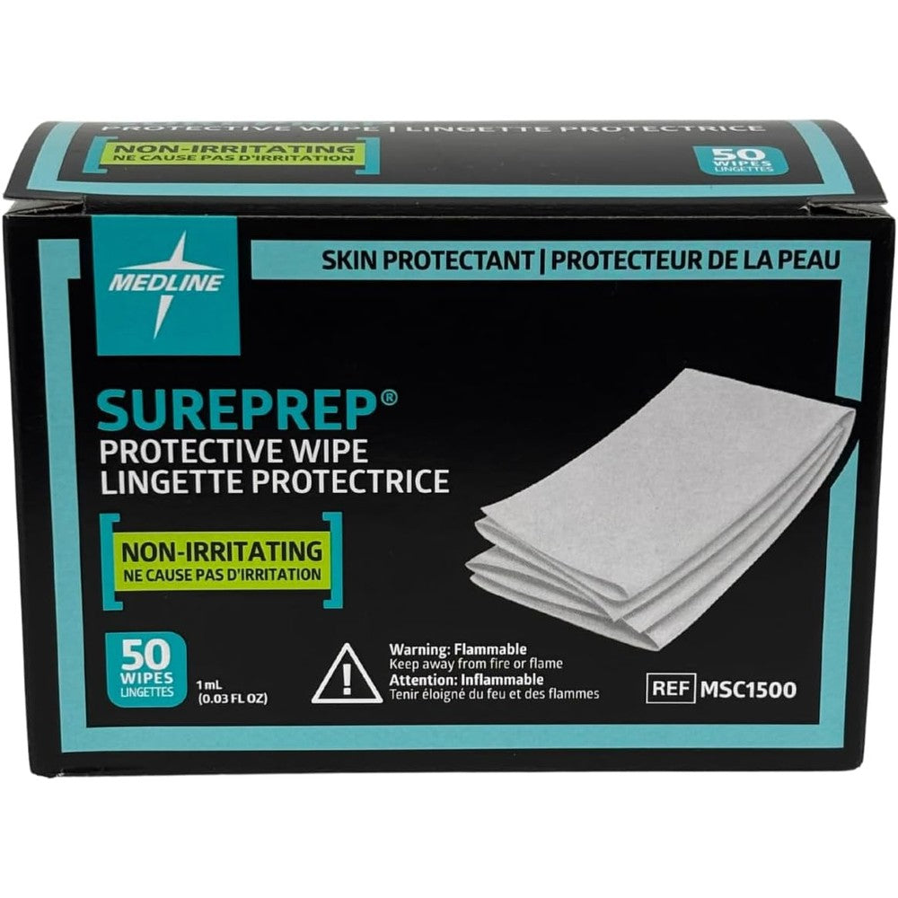 Medline SurePrep Skin Protective Barrier Wipes front view of the 50 count retail packaging box