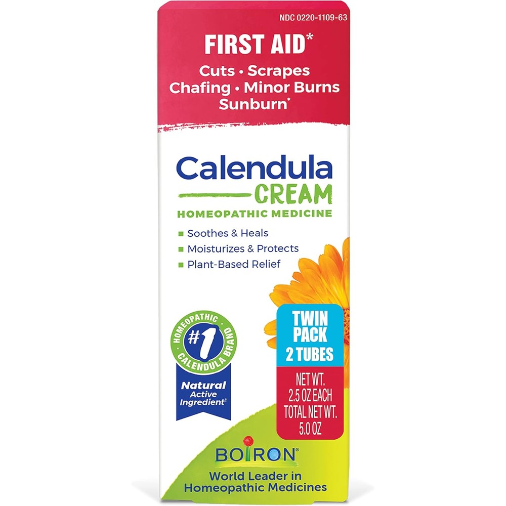 Boiron Calendula Cream front view of twin pack packaging for natural skin relief.