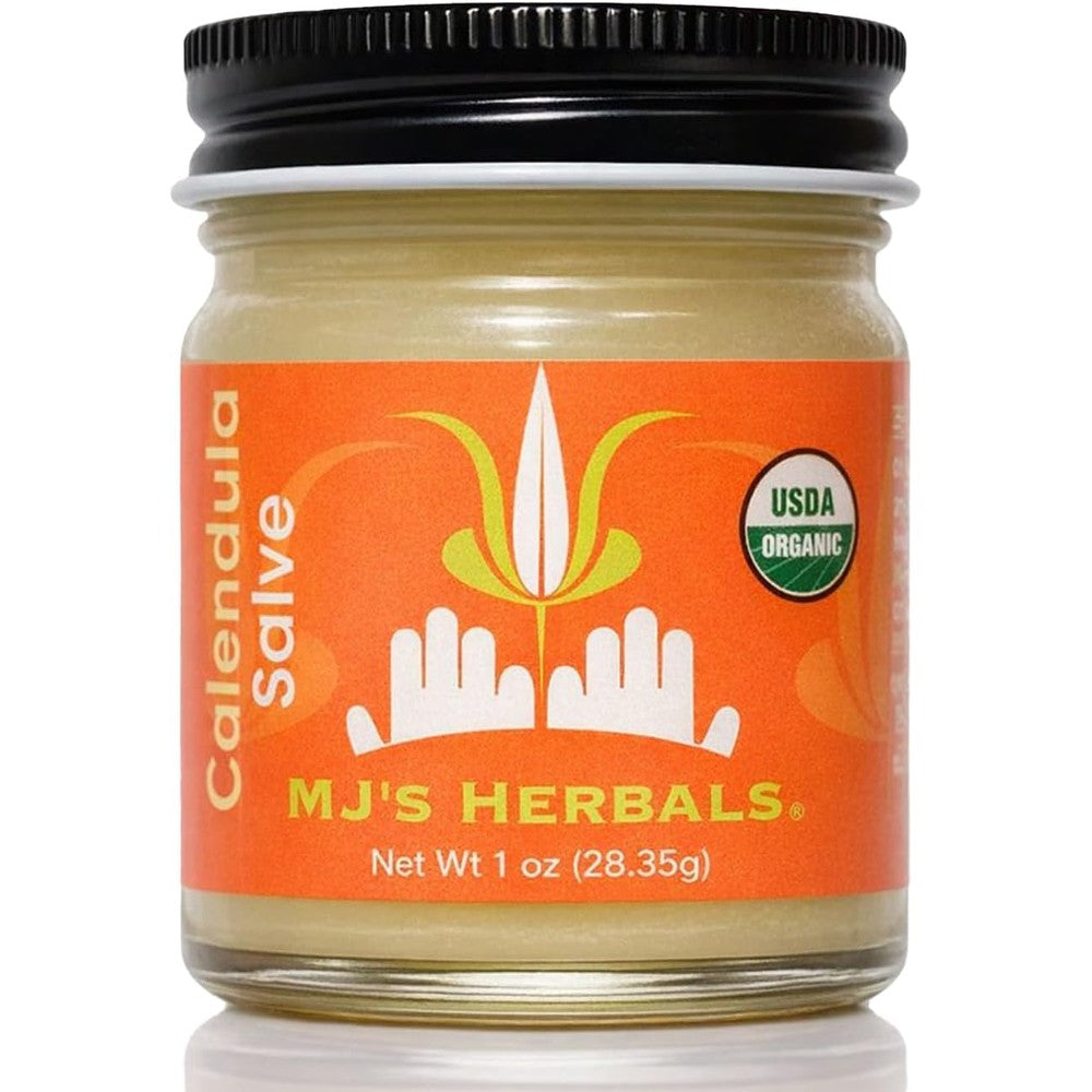 MJ's Herbals Calendula Salve one ounce front jar view authentic organic skin care balm
