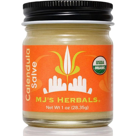MJ's Herbals Calendula Salve one ounce front jar view authentic organic skin care balm