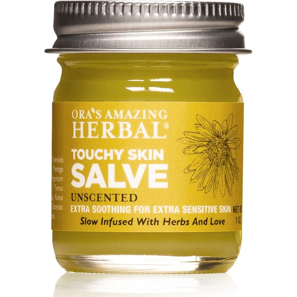 Ora's Amazing Herbal Touchy Skin Salve front view jar for eczema relief