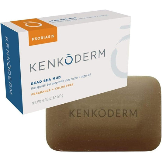 Kenkoderm Psoriasis Dead Sea Mud Soap front view of the packaging for sensitive skin relief.