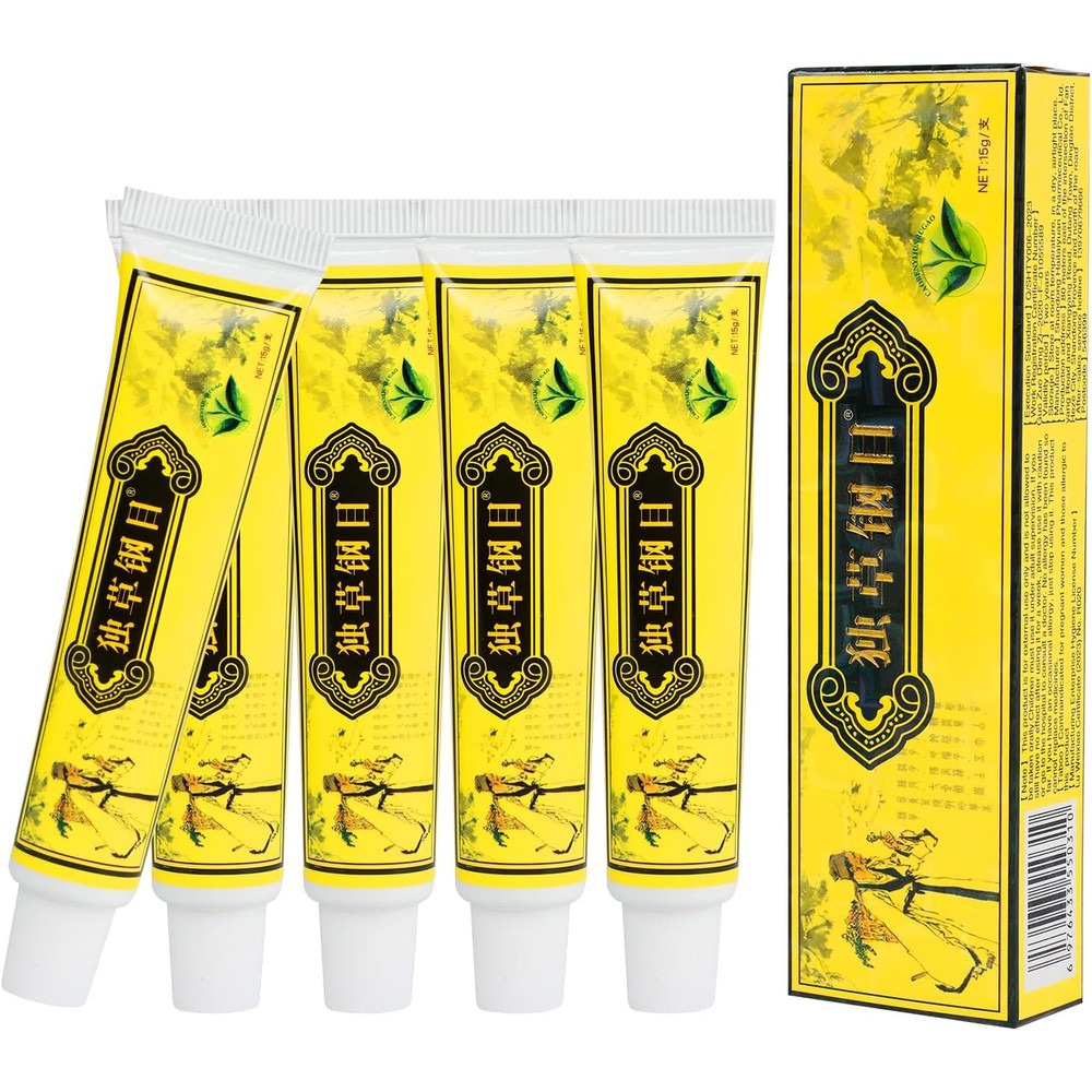 BaiSntg Chinese Herbal Eczema Psoriasis Creams front view showing five topical tubes for dermatitis relief.