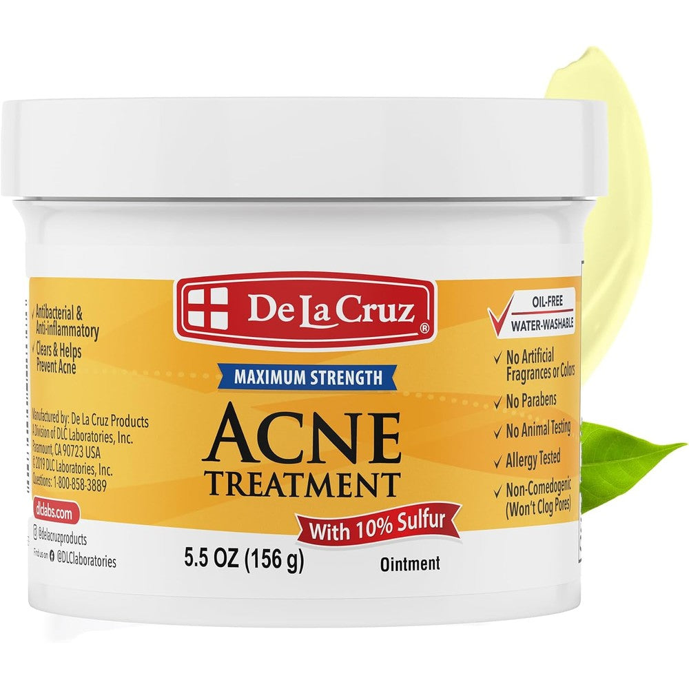 De La Cruz Sulfur Ointment front view packaging of 10 percent sulfur acne medication jar.