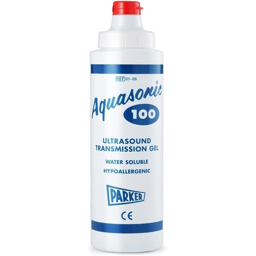 Parker Laboratories Aquasonic 100 Ultrasound Transmission Gel 250ml bottle front view for medical imaging conductivity.