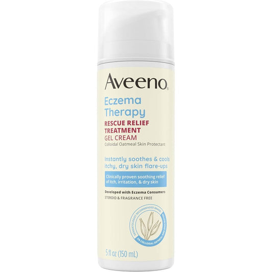 Aveeno Eczema Therapy Rescue Relief Treatment Gel Cream front view of five fluid ounce tube for dry skin relief.