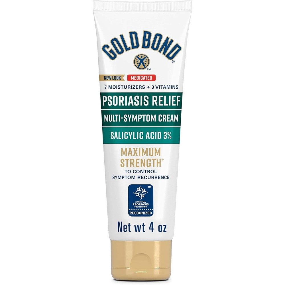 Gold Bond Multi Symptom Psoriasis Relief Cream front view of the 4 ounce tube for itchy skin relief