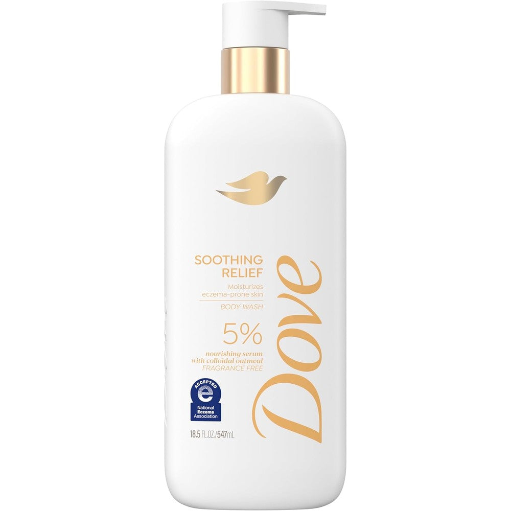 Dove Fragrance Free Body Wash Soothing Relief front view bottle showcasing the national eczema association seal