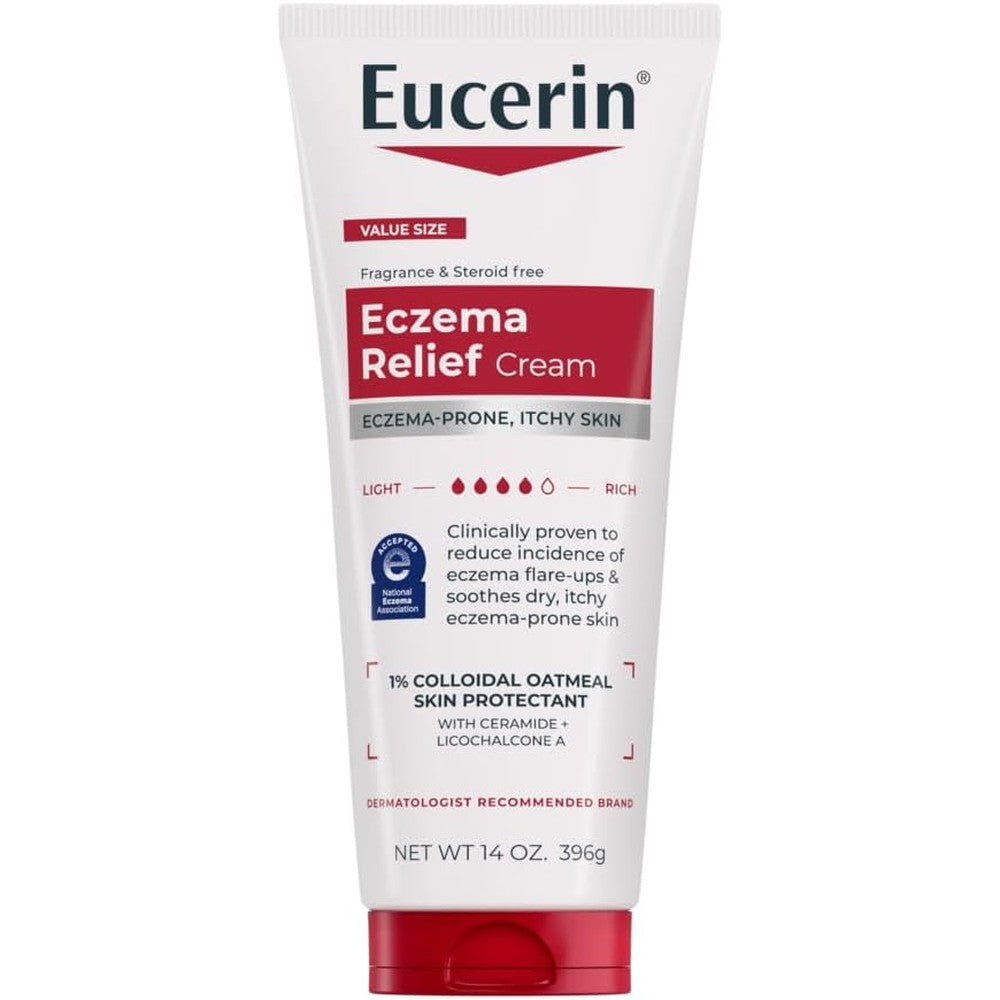 Eucerin Eczema Relief Body Cream front view of 14 ounce tube for itchy skin relief.