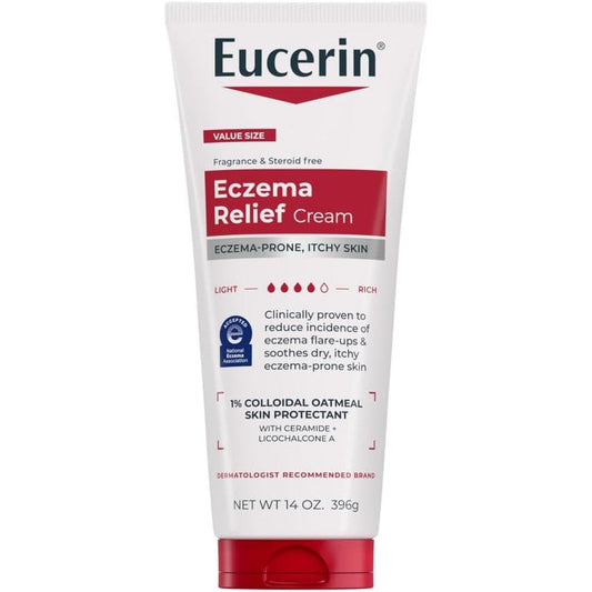 Eucerin Eczema Relief Body Cream front view of 14 ounce tube for itchy skin relief.
