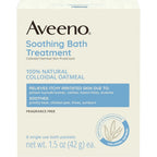 Aveeno Soothing Oatmeal Bath Treatment front view box of eight single use packets for sensitive skin relief