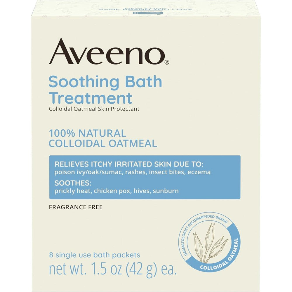 Aveeno Soothing Oatmeal Bath Treatment front view box of eight single use packets for sensitive skin relief