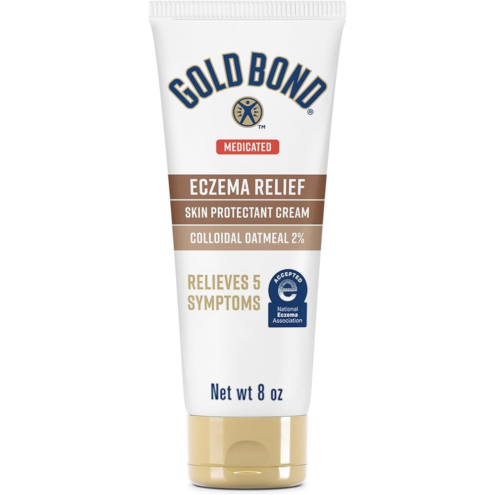 Gold Bond Medicated Eczema Relief Skin Protectant Cream front packaging view for dry skin barrier repair.