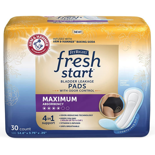 Fresh Start FitRight postpartum and incontinence pads front packaging view featuring maximum absorbency details