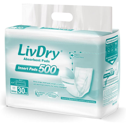 LivDry Incontinence Pad Inserts 30 Count front view package for adult bladder control.