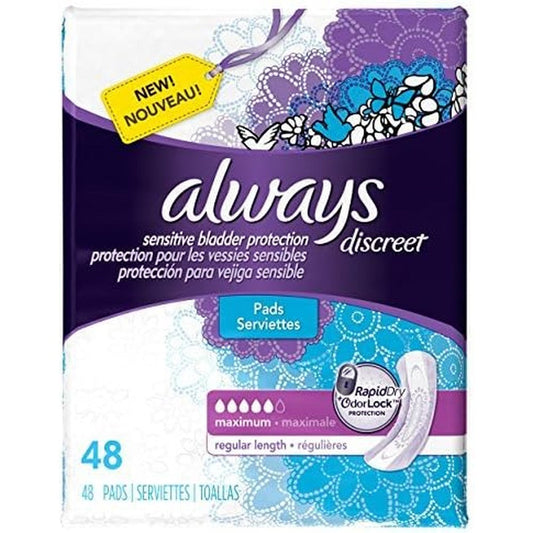 Always Discreet Incontinence Pads Maximum Regular 48 Count front view package for authentic USA personal care.