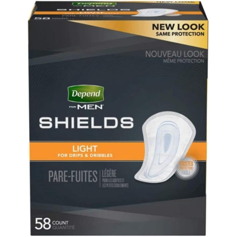 Depend Men Incontinence Shields Light Absorbency box front view for authentic male bladder leak protection